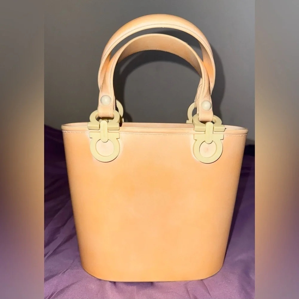 Salvatore Ferragamo Gancini Rubber Bucket Bag – Peach Pastel – Made in Italy